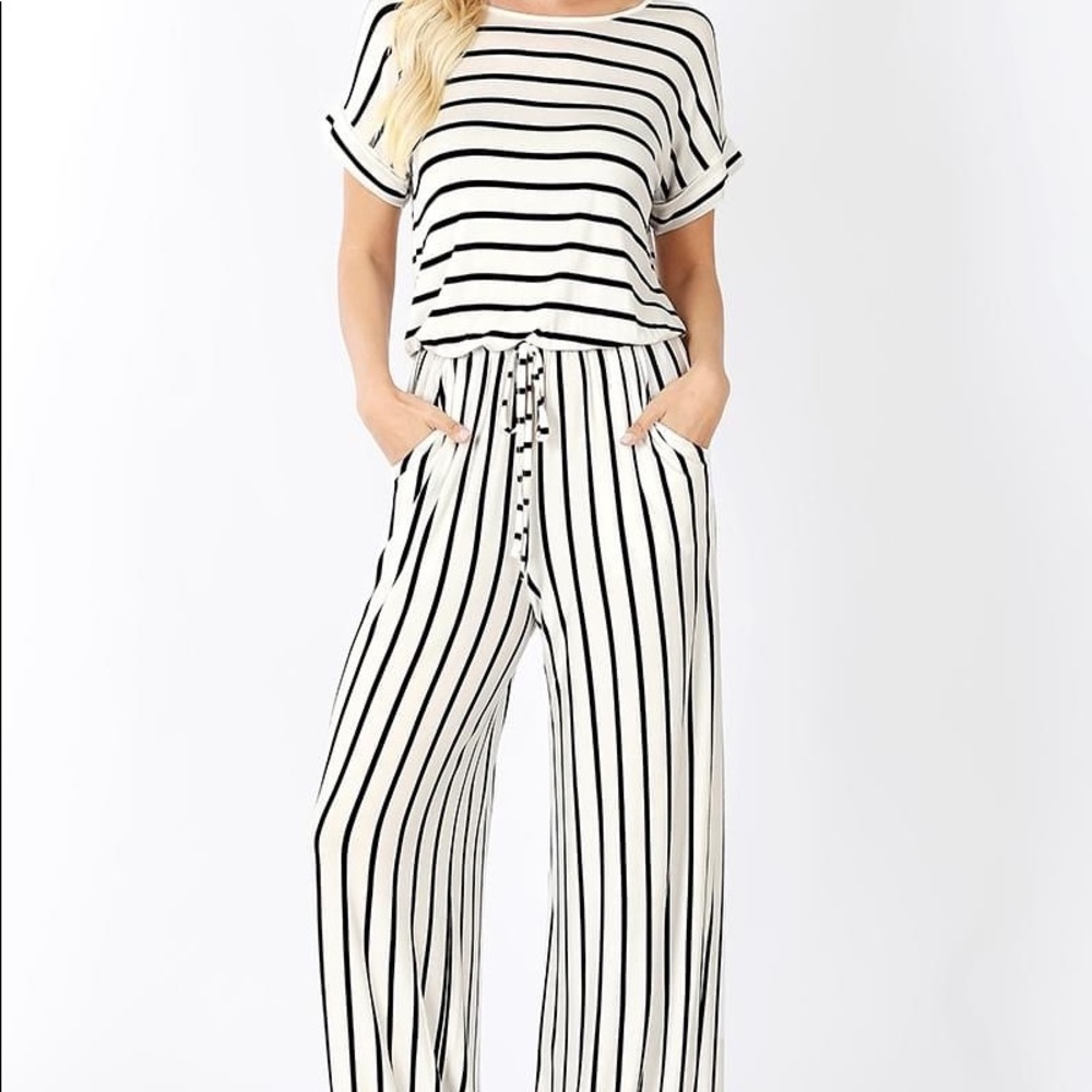 Ivory and Black Striped Jumpsuit